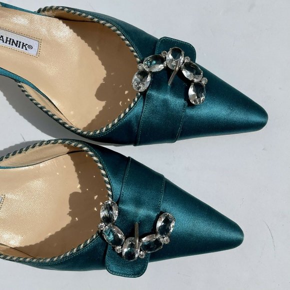 Manolo Blahnik Teal Satin Carolyne Jewel Pump Heel 100th Anniversary - Picture 5 of 8